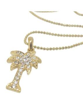 Brand New Womens Palm Tree Rhinestone Necklace on Ball Station Chain in Gold